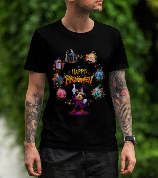 Happy Halloween Maleficent And Mickey Mouse In Wizard Outfit Magic Scene T-Shirt
