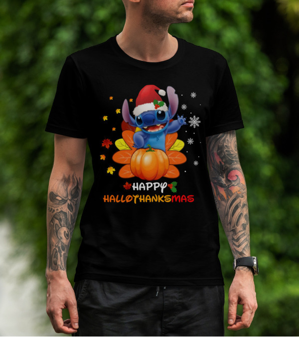 Happy Hallothankmas Stitch With Santa Hat Pumpkin Leaves Snowflakes T-Shirt