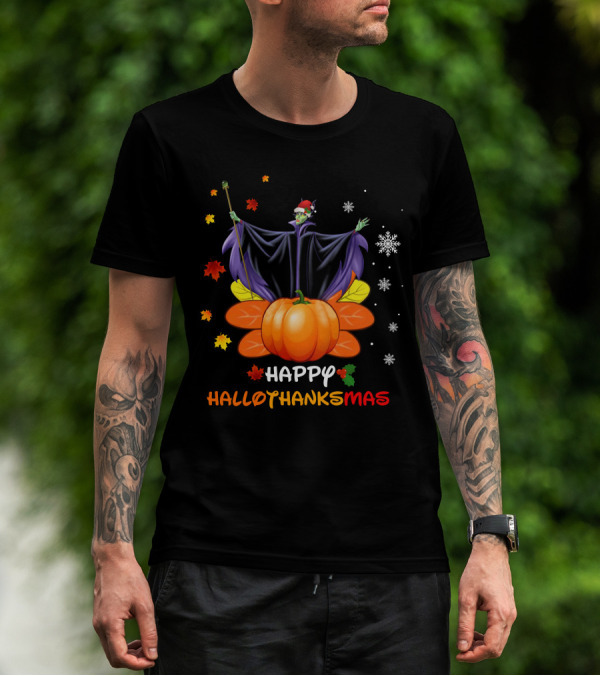 Happy Hallothankmas Maleficent Pumpkin Snowflakes Leaves Santa Hat T-Shirt