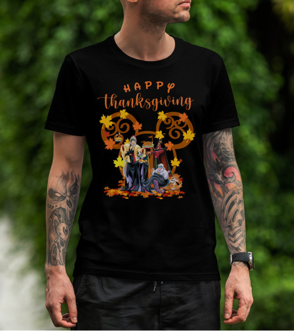 Happy Thanksgiving Disney Villains With Mickey Mouse Leaf Background T-Shirt
