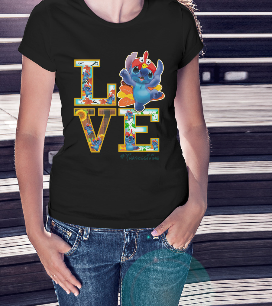LOVE Stitch Happy Thanksgiving Turkey Costume Autumn Leaves T-Shirt
