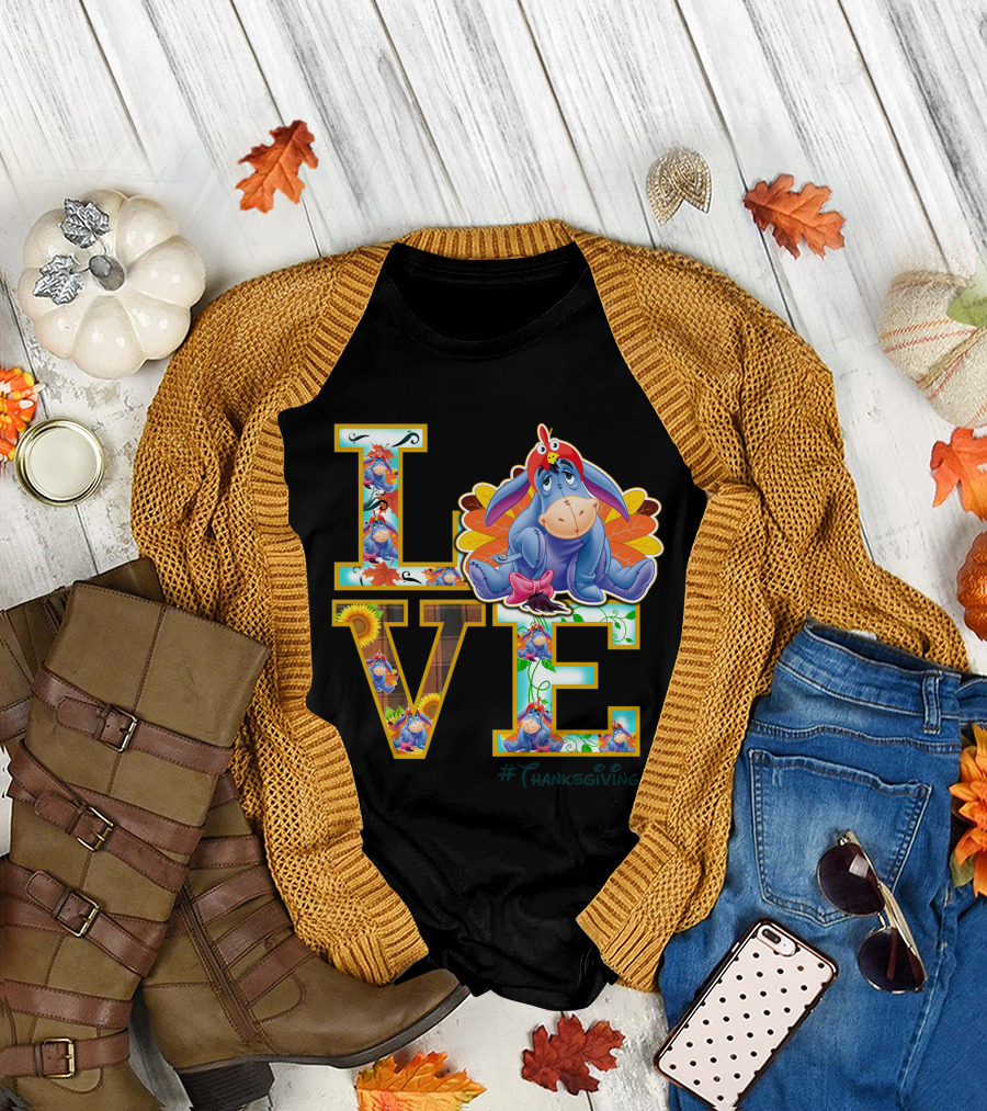 Eeyore Thanksgiving Love Autumn Leaves Sunflowers Turkey Hat T-Shirt