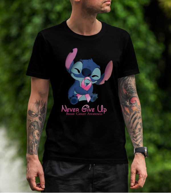 Never Give Up Breast Cancer Awareness Stitch Embrace T-Shirt