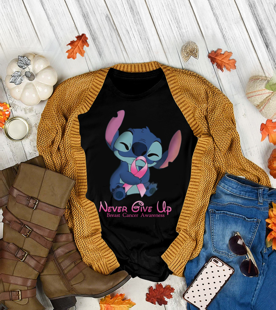 Never Give Up Breast Cancer Awareness Stitch Embrace T-Shirt