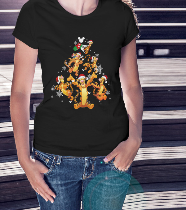 Tigger Christmas Tree Snowflakes Santa Hats Disney Mickey Icons T-Shirt