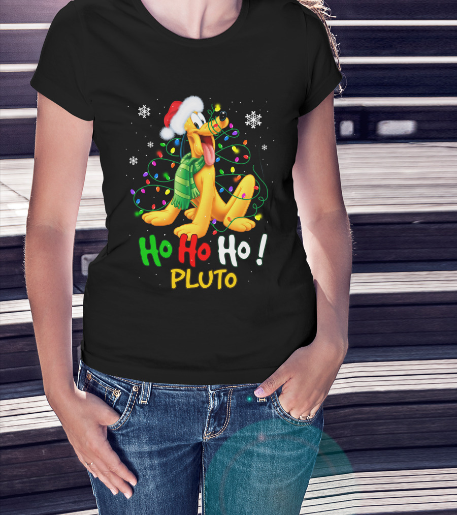 Ho Ho Ho Pluto Christmas Lights Santa Hat Snowflakes Scarf T-Shirt