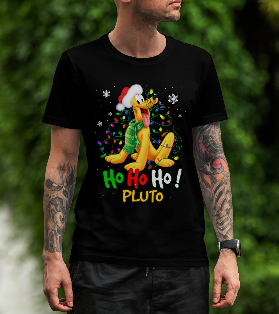 Ho Ho Ho Pluto Christmas Lights Santa Hat Snowflakes Scarf T-Shirt