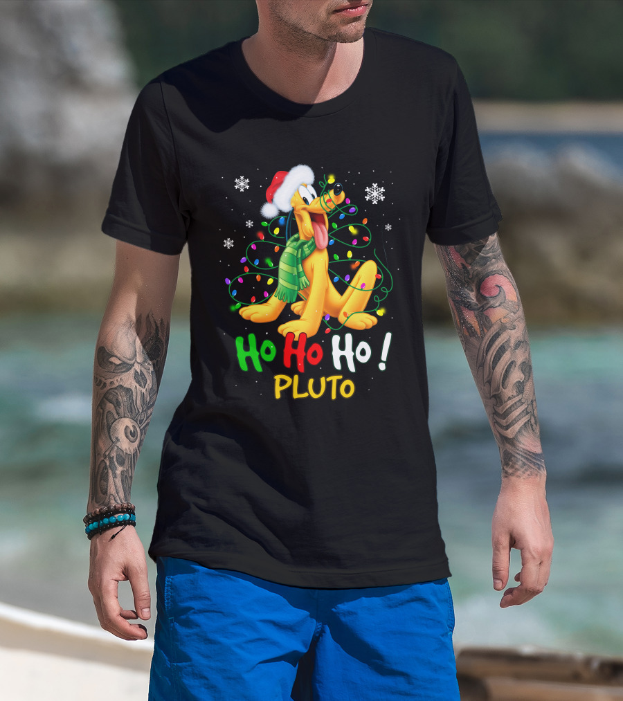 Ho Ho Ho Pluto Christmas Lights Santa Hat Snowflakes Scarf T-Shirt