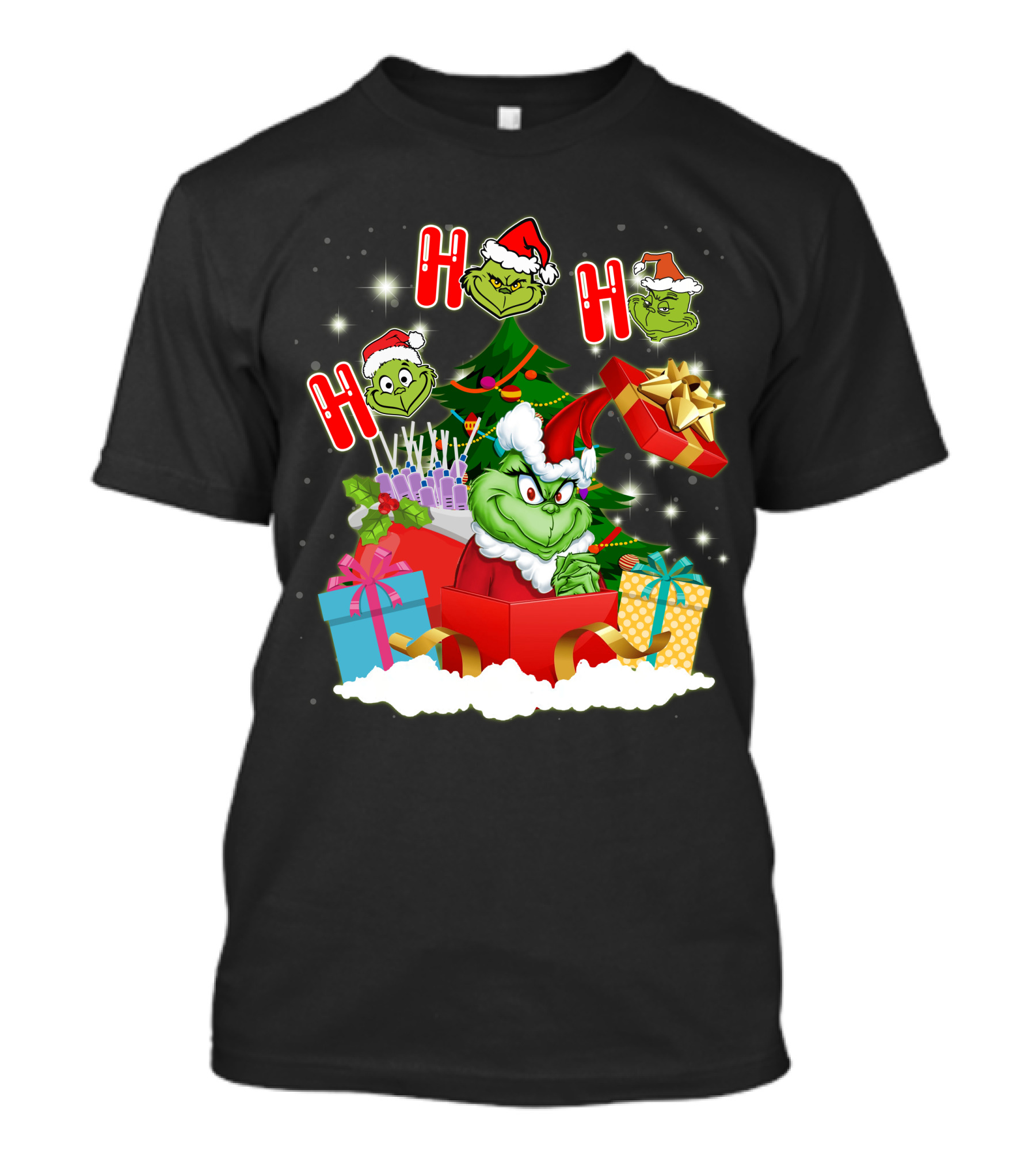 Grinch Christmas Ho Ho Ho Presents Tree Gifts Holiday Scene T-Shirt