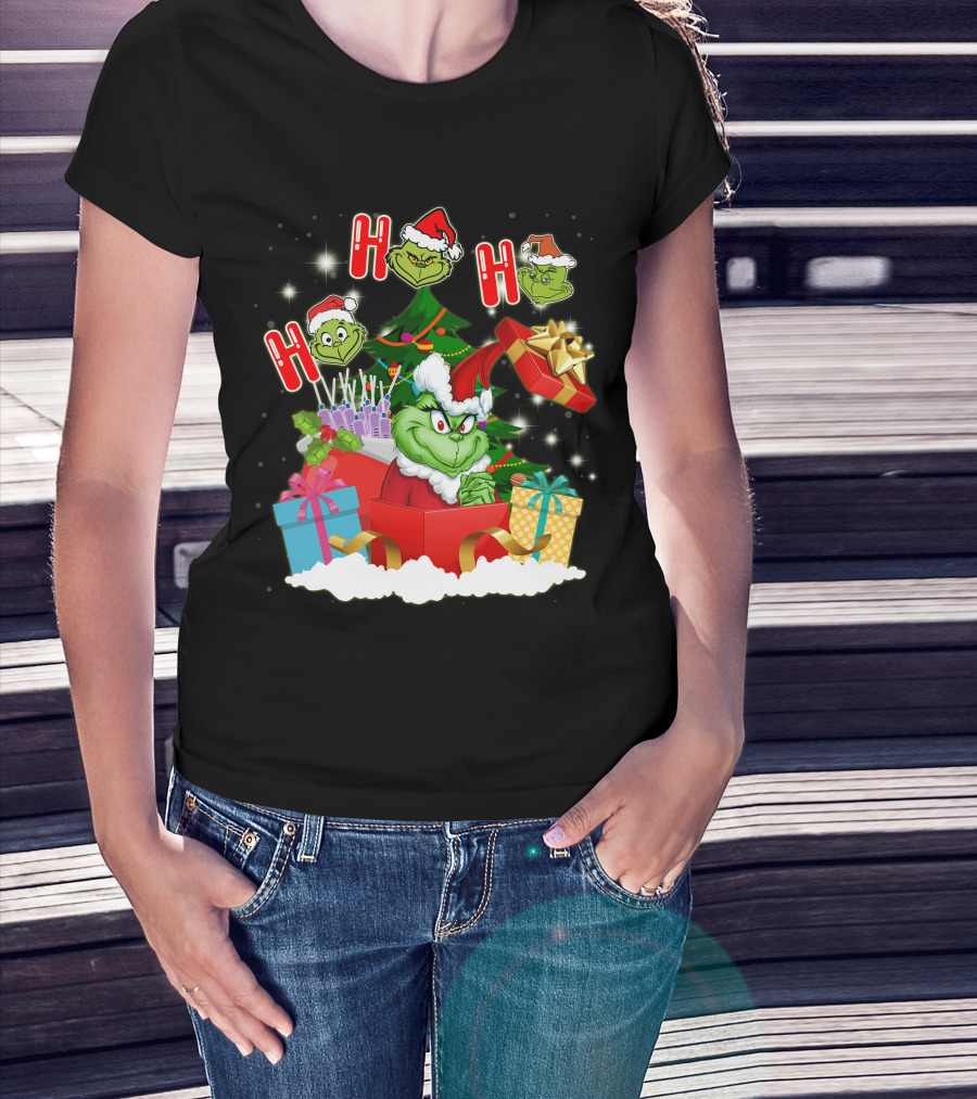 Grinch Christmas Ho Ho Ho Presents Tree Gifts Holiday Scene T-Shirt