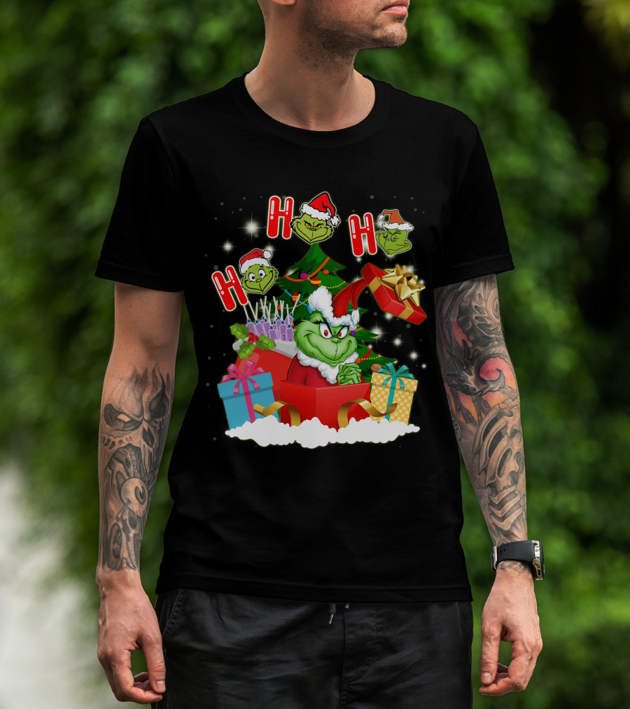 Grinch Christmas Ho Ho Ho Presents Tree Gifts Holiday Scene T-Shirt