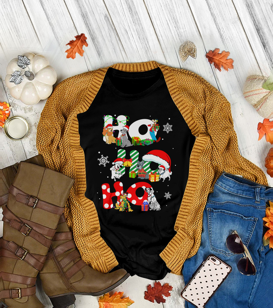 Ho Ho Ho Christmas Dogs and Snowflakes T-Shirt
