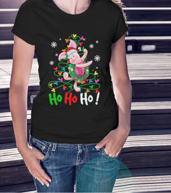 Ho Ho Ho Piglet Christmas Festive Wreath And Santa Hat T-Shirt