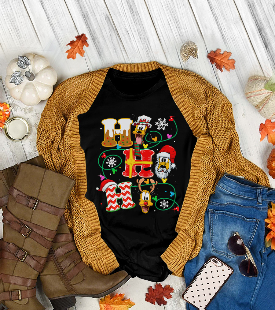 PLU HHH Christmas Goofy Dog with Santa Hats and Snowflakes T-Shirt