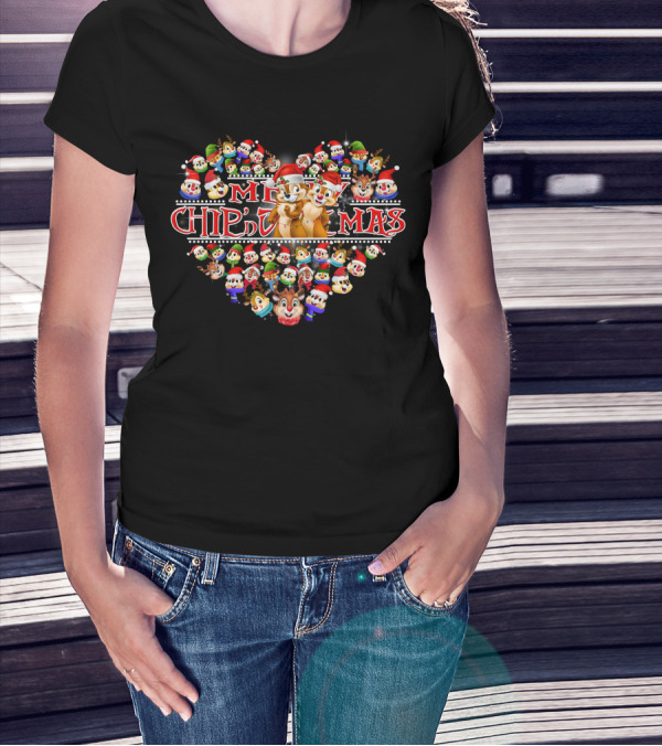Merry Chip N Dale Christmas Heart With Festive Faces T-Shirt