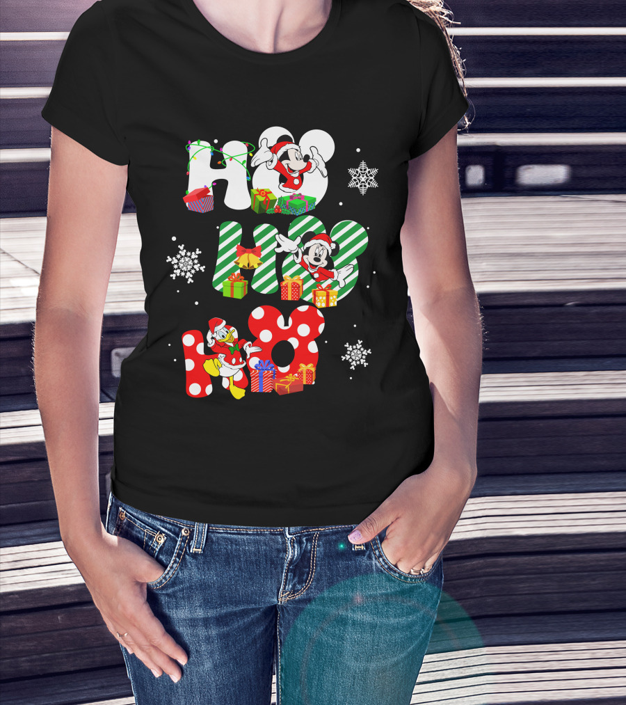 Mickey Mouse And Donald Duck Ho Ho Ho Christmas Snowflakes And Presents T-Shirt