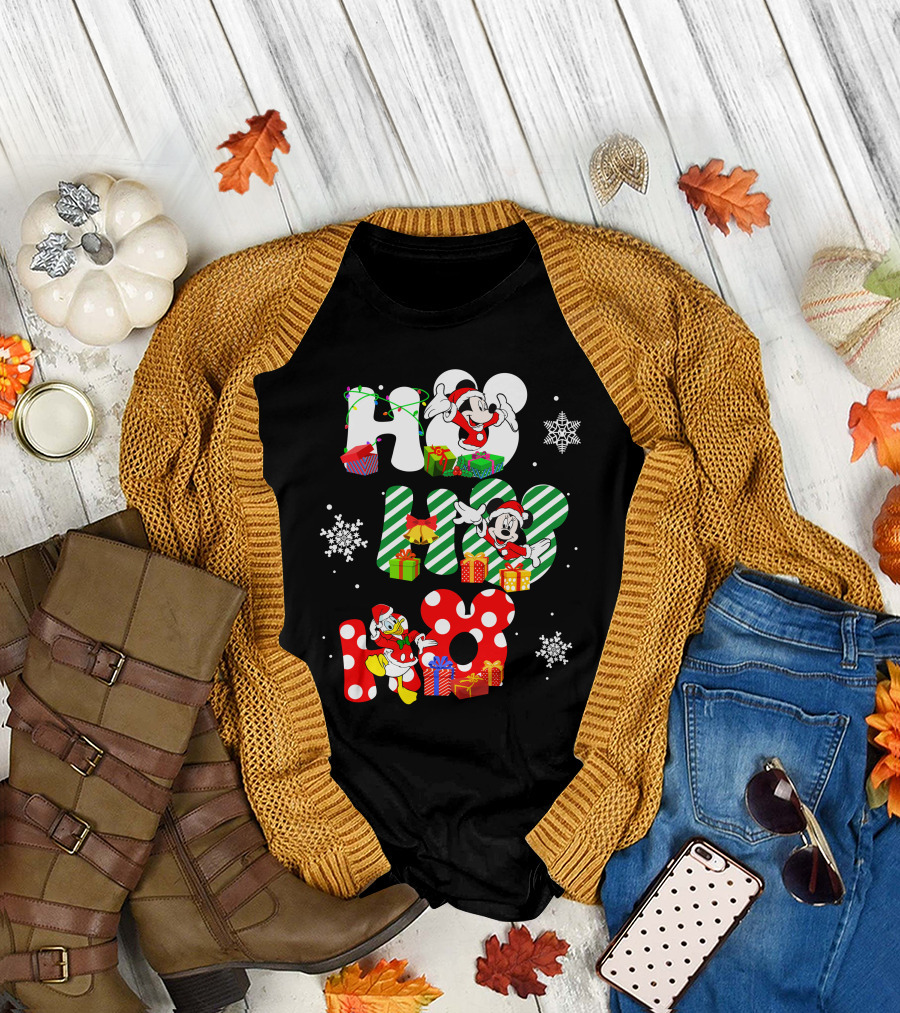 Mickey Mouse and Donald Duck Ho Ho Ho Christmas Snowflakes and Presents T-Shirt