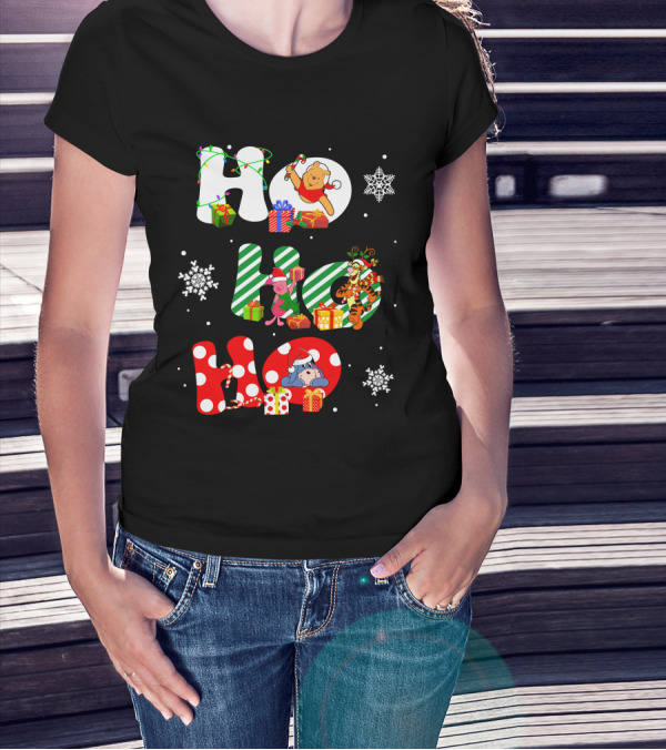 Ho Ho Ho Christmas Winnie The Pooh With Piglet Tigger Eeyore Holiday Snowflakes And Gifts T-Shirt