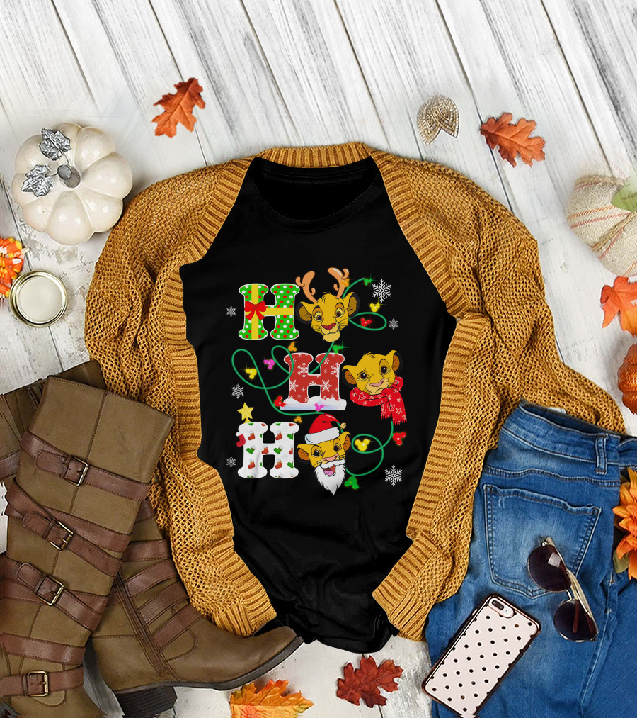 Simba Hohoho Christmas Holiday Festive Lion King Image with Santa Hat Reindeer Antlers Scarf Snowflakes T-Shirt