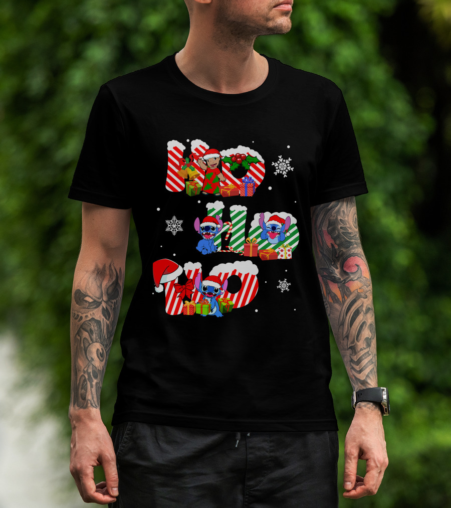 Hohoho Christmas Stitch Santa Claus Presents Snowflakes T-Shirt