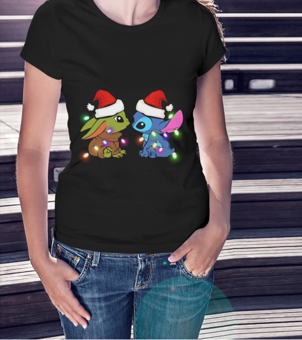 Baby Yoda And Stitch Christmas Lights Santa Hats T-Shirt