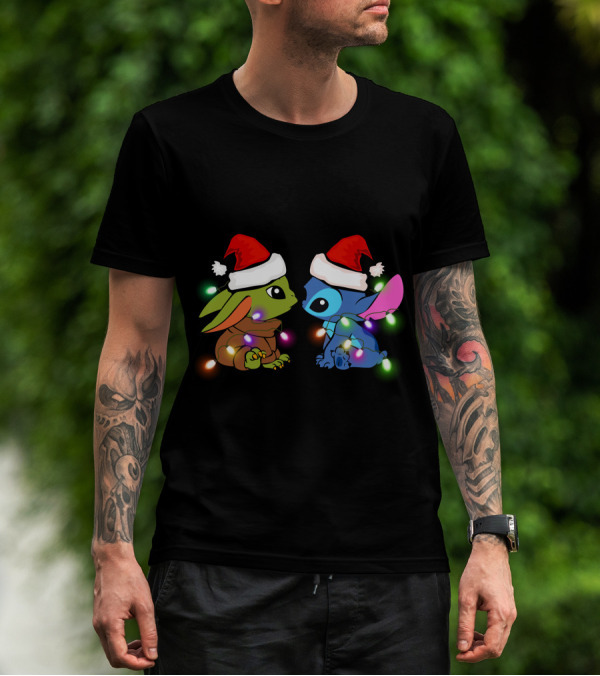 Baby Yoda And Stitch Christmas Lights Santa Hats T-Shirt