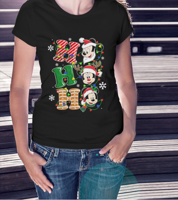 Mickey Mouse Hohoho Christmas Santa Reindeer Lights T-Shirt