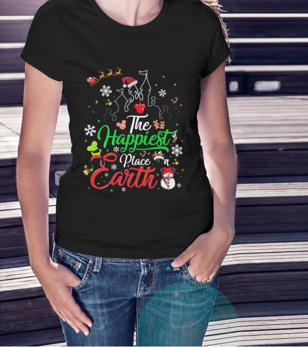 The Happiest Place On Earth Christmas Santa Snowman Gingerbread Reindeer Castle T-Shirt