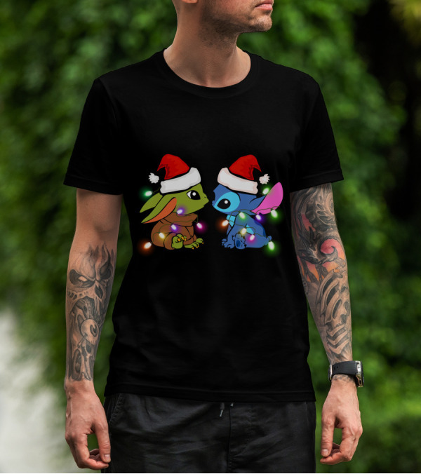 Santa Hat Baby Yoda And Stitch Christmas Lights T-Shirt