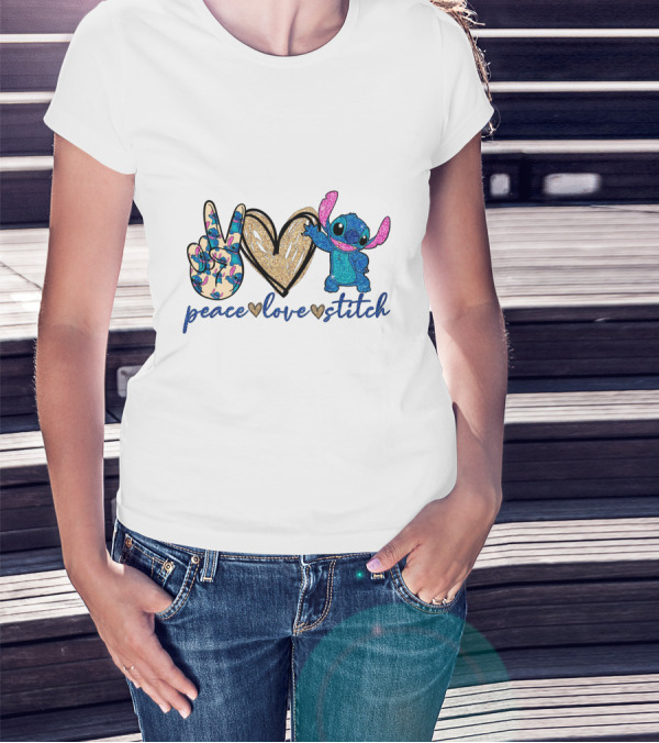 Peace Love Stitch Alien Character With Peace And Heart Symbols T-Shirt