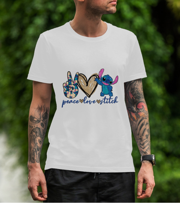Peace Love Stitch Alien Character With Peace And Heart Symbols T-Shirt