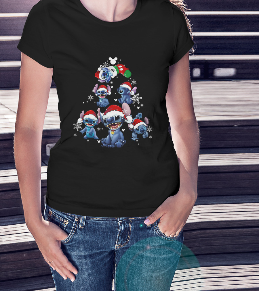 Stitch Christmas Tree With Santa Hat And Snowflakes T-Shirt