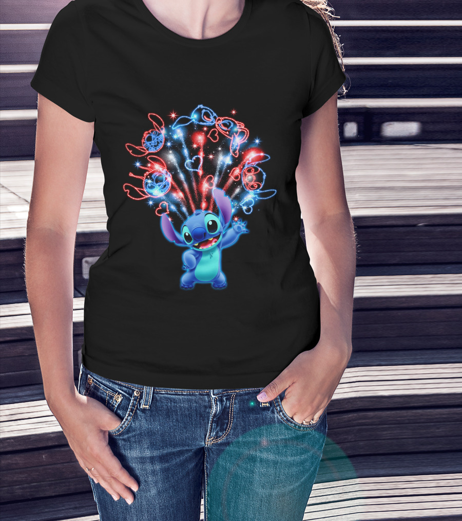 Stitch Magic Fireworks Burst Hearts And Glasses T-Shirt