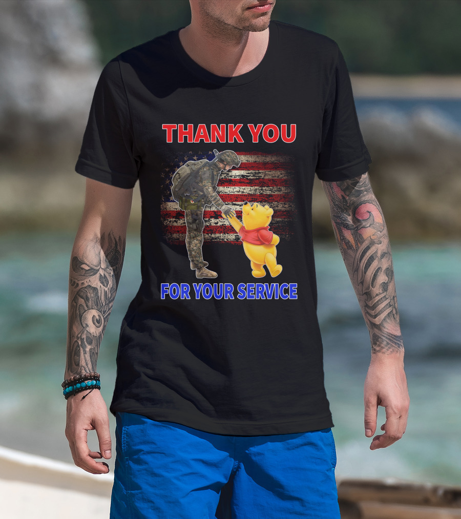 Thank You For Your Service Soldier And Pooh With American Flag Background T-Shirt