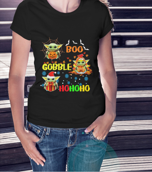 Baby Yoda Boo Gobble HoHoHo HalloThanksMas T-Shirt