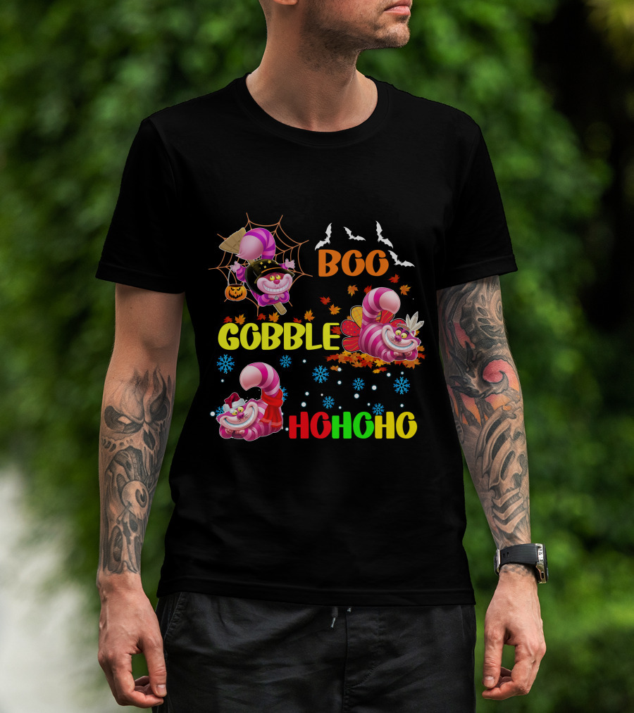 Cheshire Cat Boo Gobble HoHoHo HalloThanksMas T-Shirt