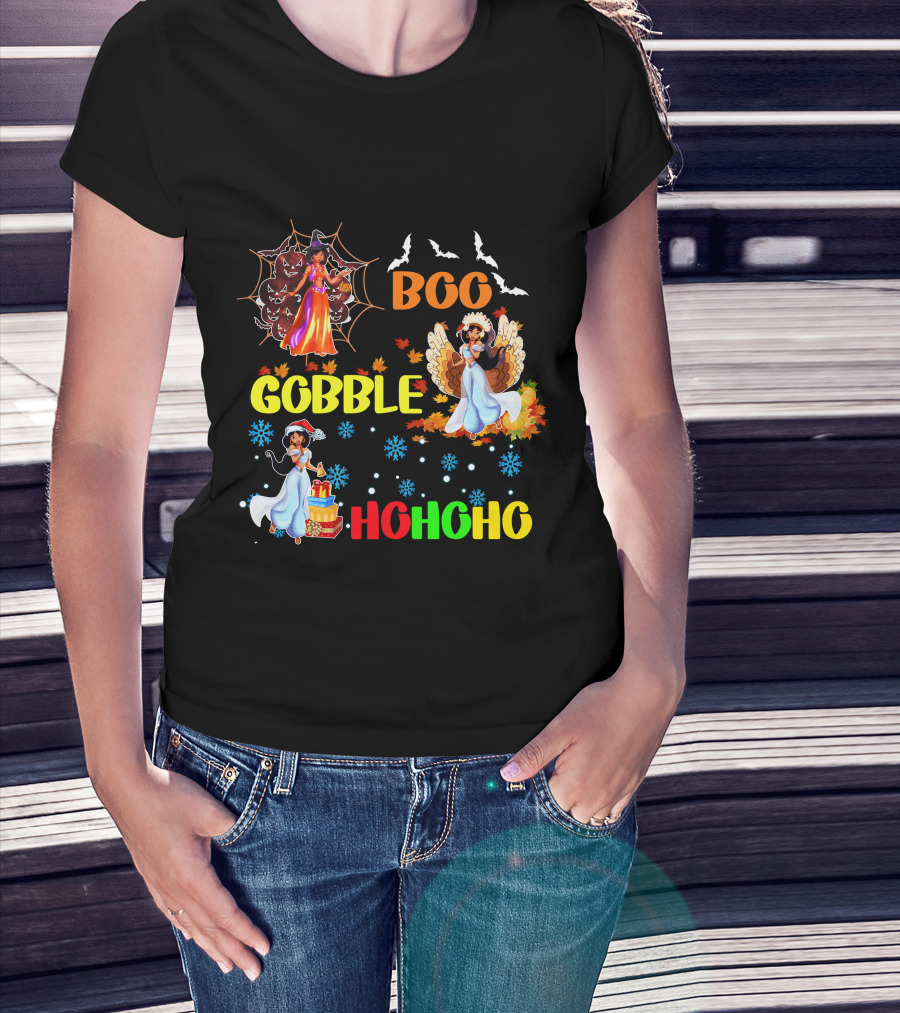 Jasmine Boo Gobble HoHoHo HalloThanksMas Bats Leaves Snowflakes T-Shirt