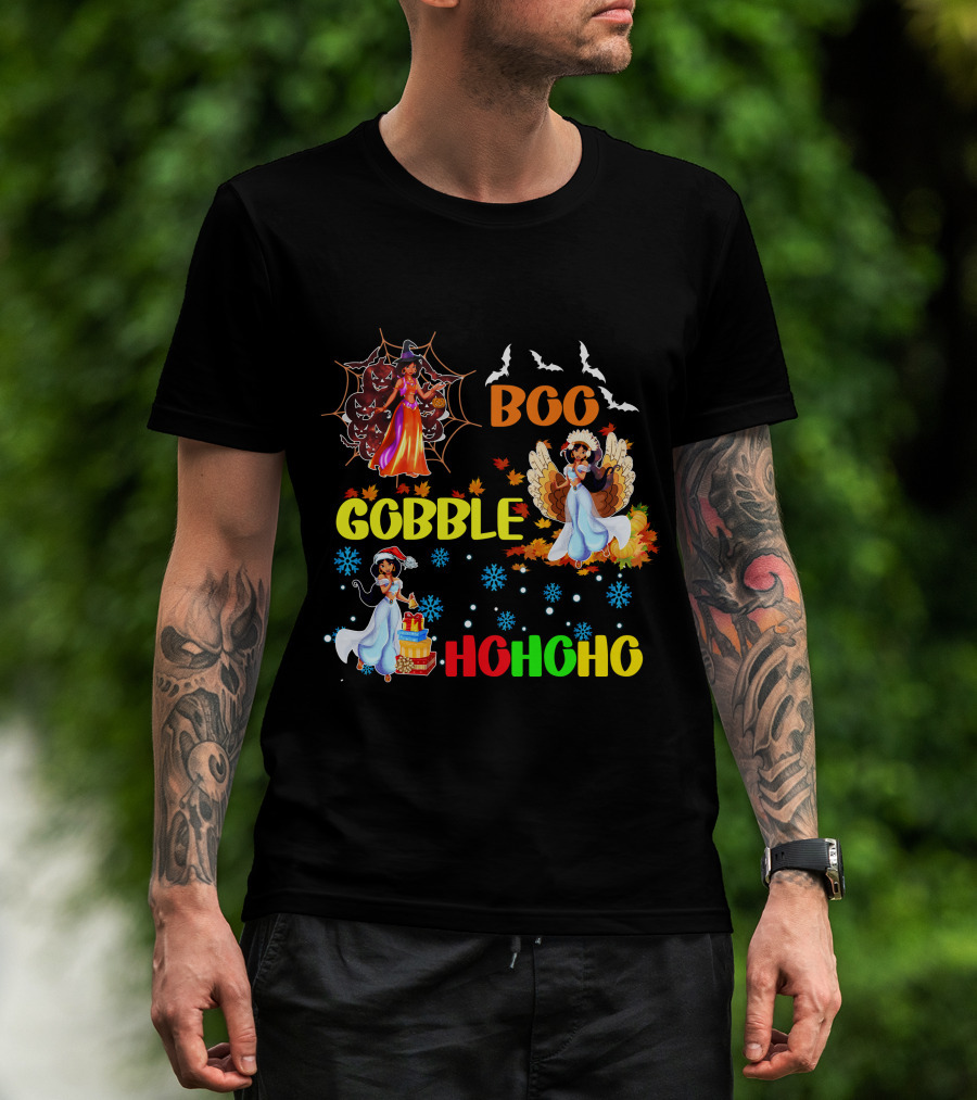 Jasmine Boo Gobble HoHoHo HalloThanksMas Bats Leaves Snowflakes T-Shirt