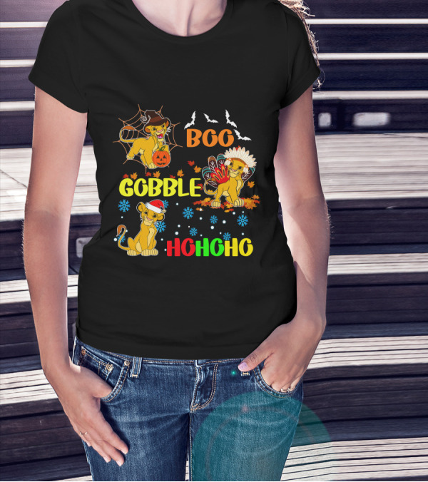 Simba BOO Gobble HOHOHO Halloween Thanksgiving Christmas T-Shirt