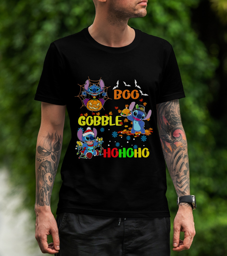 Stitch Boo Gobble Ho Ho Ho HalloThanksMas T-Shirt