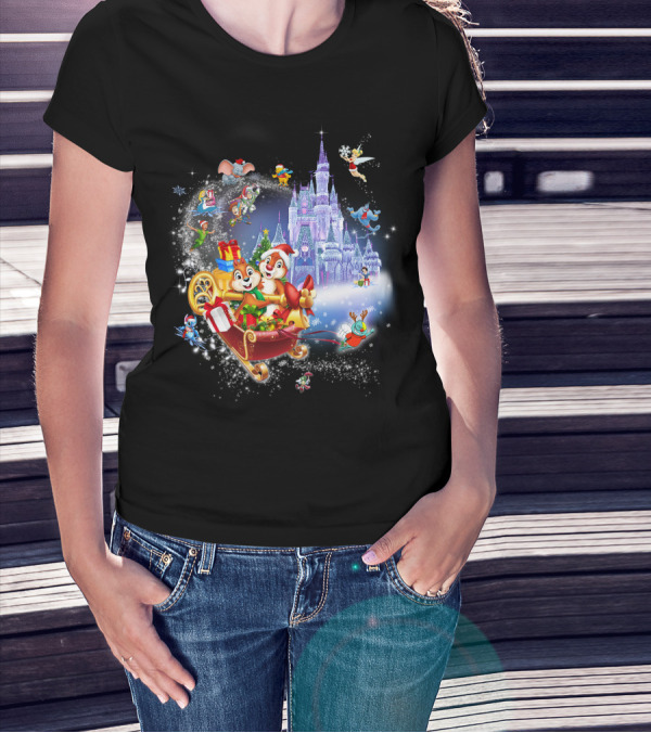 Chip And Dale Christmas Castle With Sleigh And Gifts T-Shirt