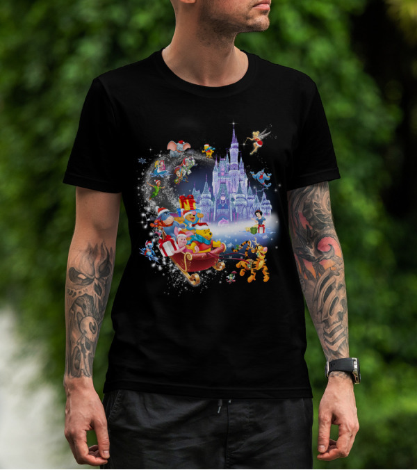 Pooh Christmas Disney Winter Wonderland With Castle And Characters T-Shirt