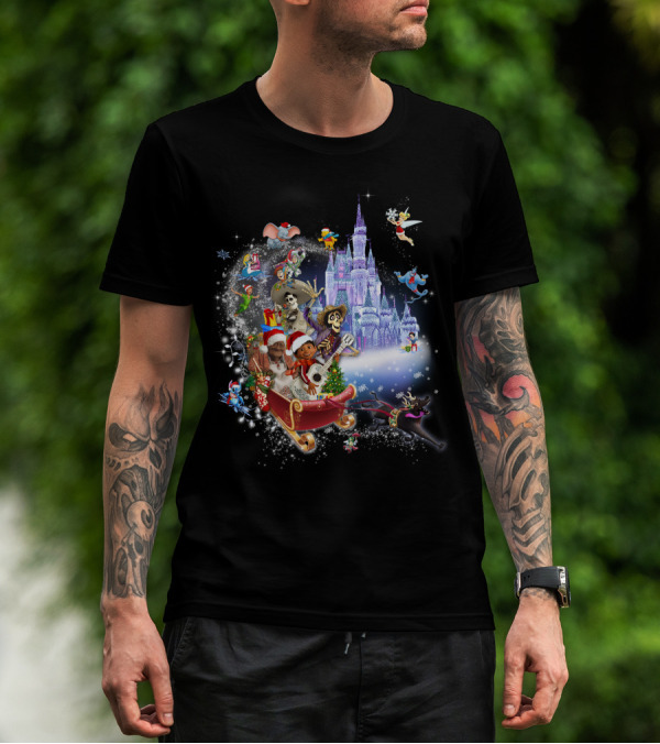 Coco Christmas Magical Disney Characters Castle Snowflakes Sleigh Holiday Fun T-Shirt
