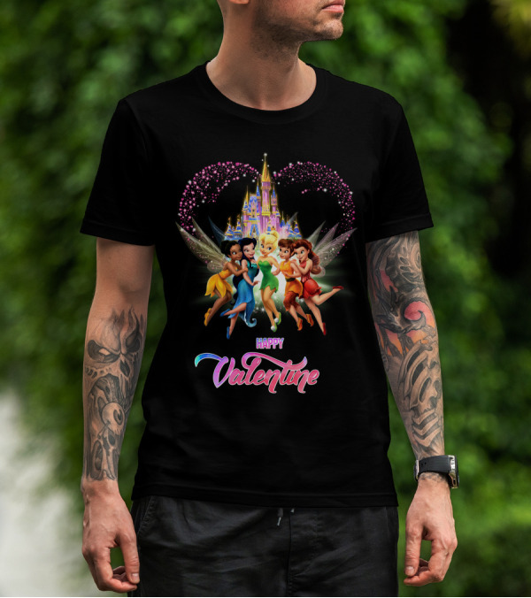 Happy Valentine Tinkerbell And Friends With Castle And Heart Magic T-Shirt