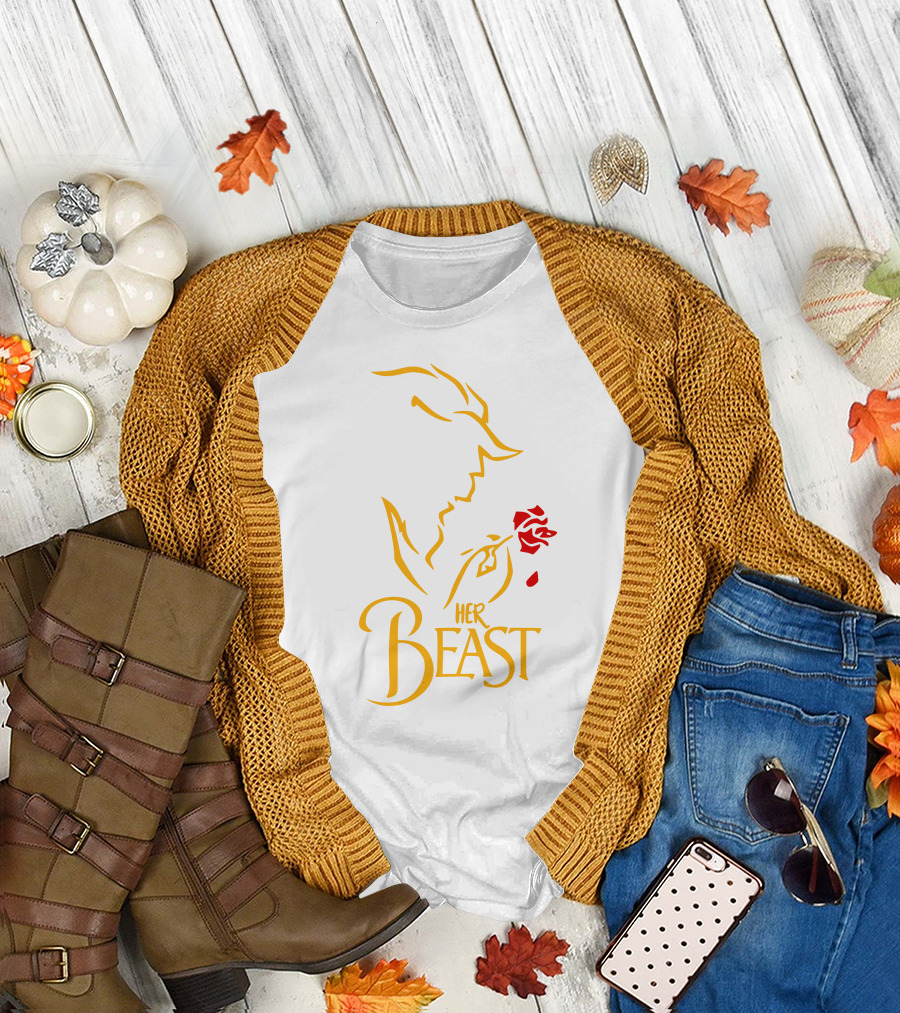 Her Beast Silhouette with Red Rose Beauty and the Beast T-Shirt