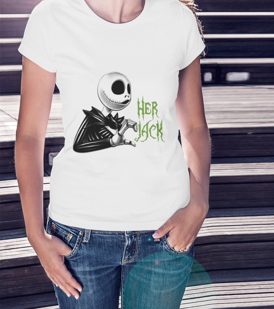 Her Jack Skeleton Character Sketch Black And White Green Lettering T-Shirt