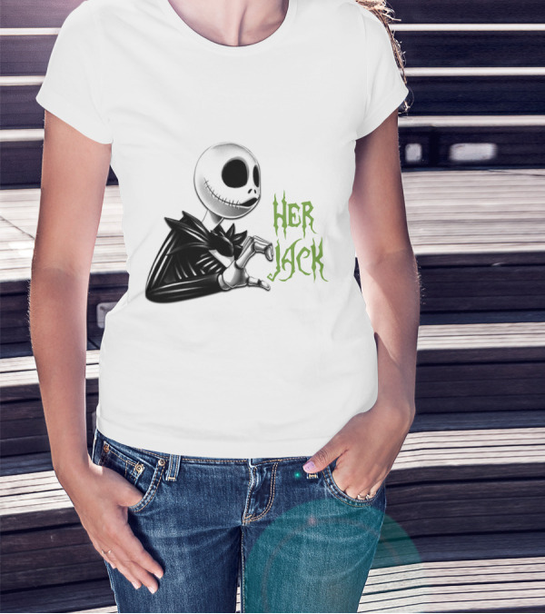 HER JACK SKELETON CHARACTER SKETCH BLACK AND WHITE GREEN LETTERING T-Shirt