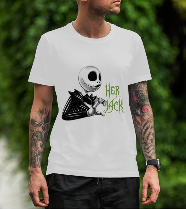 HER JACK SKELETON CHARACTER SKETCH BLACK AND WHITE GREEN LETTERING T-Shirt