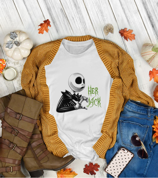 HER JACK SKELETON CHARACTER SKETCH BLACK AND WHITE GREEN LETTERING T-Shirt