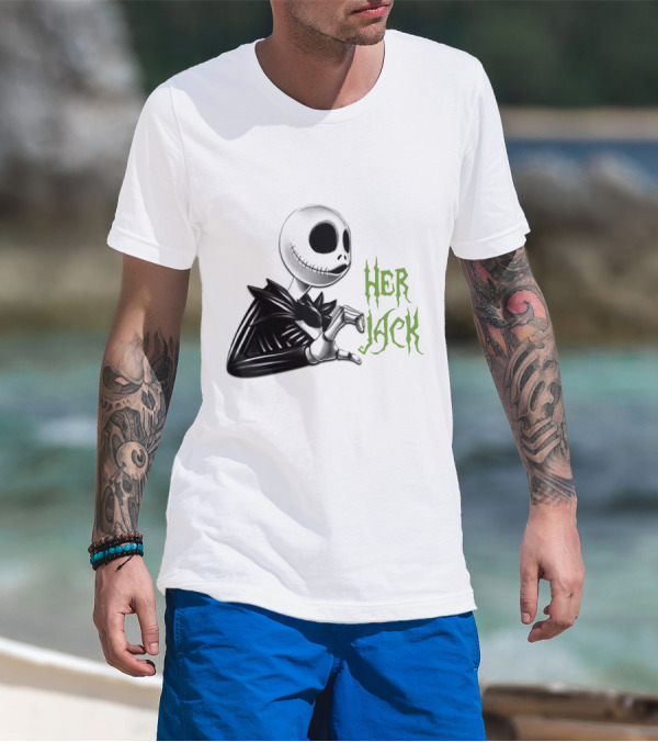 HER JACK SKELETON CHARACTER SKETCH BLACK AND WHITE GREEN LETTERING T-Shirt